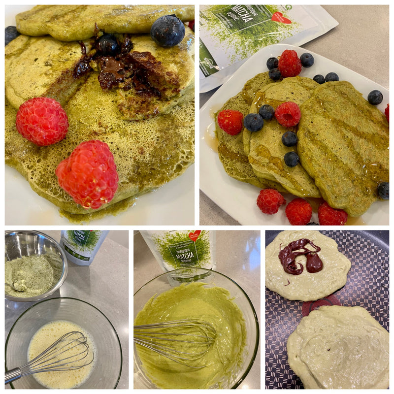Pancakes au thé Matcha Sans Gluten, Sans Produits Laitiers – 2 Versions (Originale et Fourrés au chocolat)