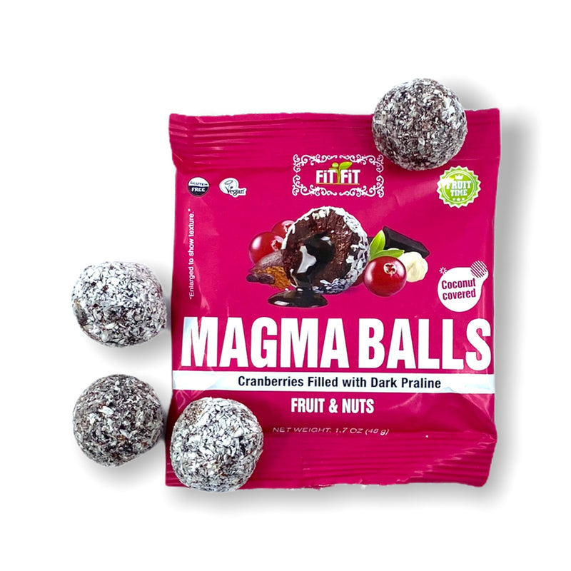 Boîte de 8 paquets de Collations Santé Boules d'énergie Fit-Fit 'Grab & Go' Magma Balls Canneberges fourrées à la Praline Foncée Collations Fit-Fit 